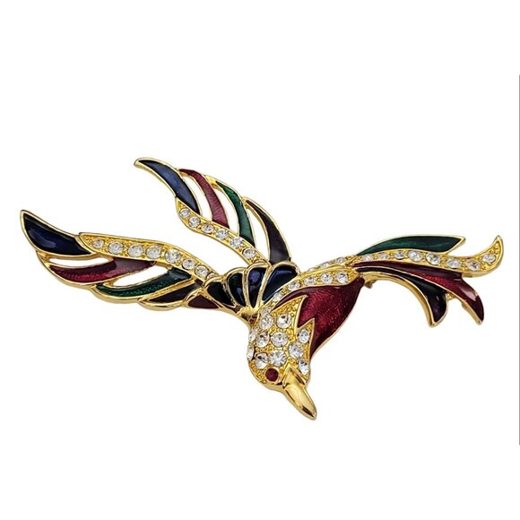 Gold Tone Enamel Clear Rhinestone Statement Large Paradise Bird Brooch, K203 - Picture 2 of 8